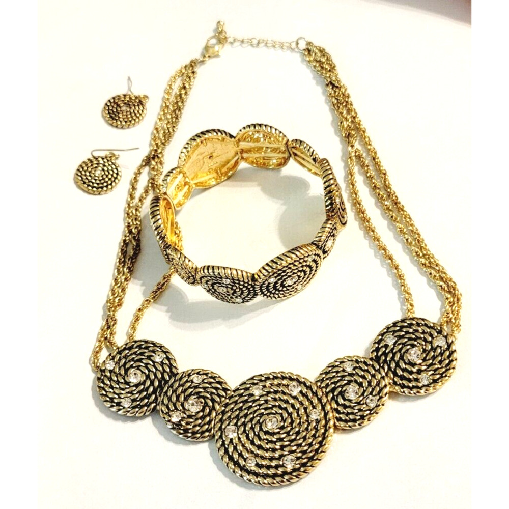 Necklace, Bracelet Pierced Earrings‎ Jewelry Set Rhinestone Gold-tone js-